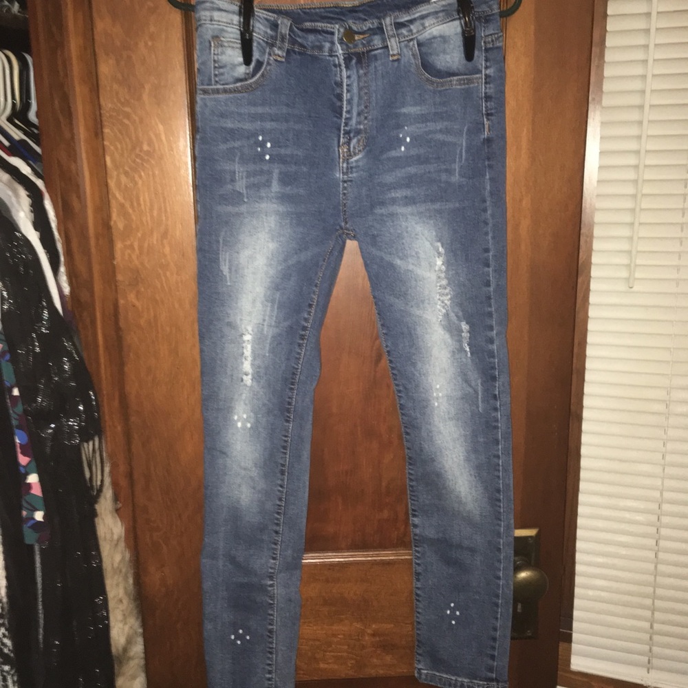Shein distressed skinny jeans with paint splatter